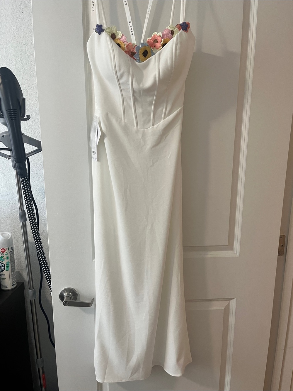 Azazie Atelier Liliah White Maxi Dress with Multicolor Floral Trim